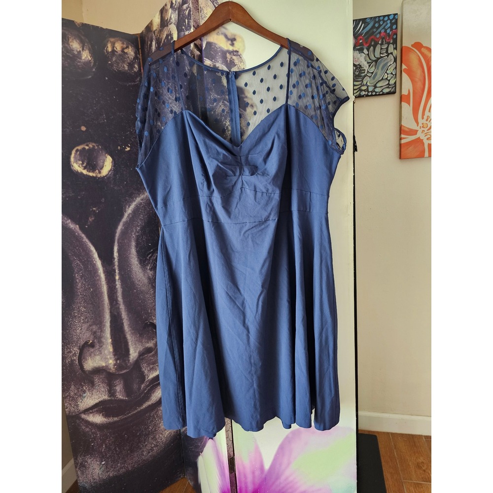 Torrid Blue Polka Dot Mesh Illusion Neckline Fit & Flare Swing Dress Size 28